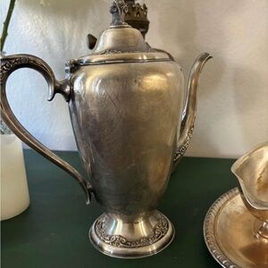 Antique pewter coffee or tea pot & Gravy Boat with Attached Plate